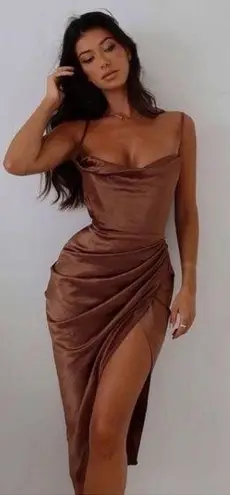 House Of CB NWOT  Reva Satin Gathered Toffee Brown Corset Dress sz S