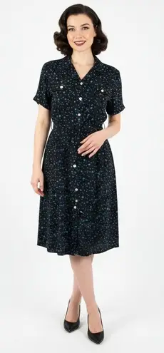 Robbie Bee Vintage Petite 100% Silk Shirt Dress 10P Polka Dot Belted Black Blue