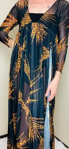 Black & Brown Animal Cheetah Print Sheer Swim Cover Maxi Dress