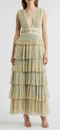 Hutch NEW Plunge V Neck Tiered Tulle Sky Floral Gown Dress sz 14