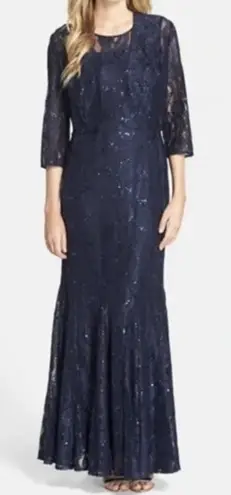 Alex Evenings Navy Blue Sequin Lace Trumpet Sleeveless Dress Jacket Size 8