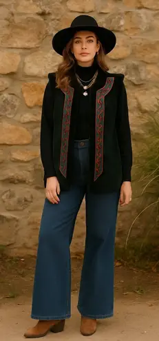 Bob Mackie Vintage Wearable Art Leather Vest Southwest Boho Embroidered Black 3X