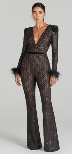 Nadine Merabi Rachel Black Lace Feather Trim Plunge V