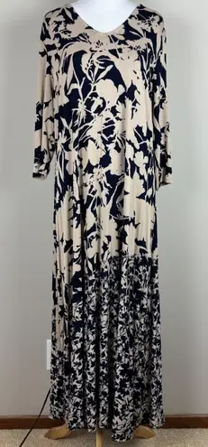 Soft Surroundings Maxi Dress LP Large Petite Navy Blue Beige Floral 3/4 Sleeve