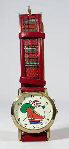 Vintage Santa Claus Watch Plaid Band Gold Tone Bezel Christmas Musical Watch Red