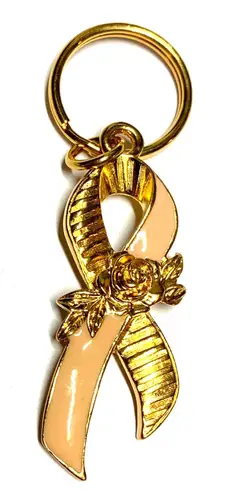 Vintage Gold & Peach Awareness Ribbon Keychain with Rose Detail