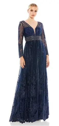 Mac Duggal Long Sleeve Floral Illusion Midnight Navy A Line Gown Size 8 NWT