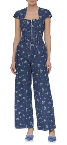 Avec Les Filles Floral Cap Sleeve Wide Leg Denim Jumpsuit Floral Sz 12 $249