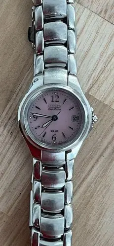 Citizen Eco-Drive Ladies Watch Pink Dial Stainless Bracelet WR100 Date Window