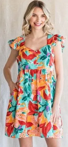 JODIFL Sleeveless Dress Floral Print Vibrant Babydoll Hawaiian Womens Size Small