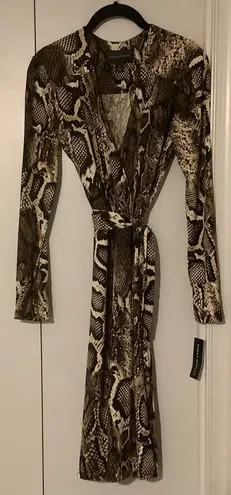 Donna Morgan NWT Wrap Tie Long Sleeve Snake Print Dress Black/Taupe/Brown