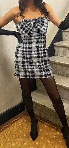 NWT Anthropologie Eva Franco Sequined Plaid Bow Strapless Mini Dress US 10 Black