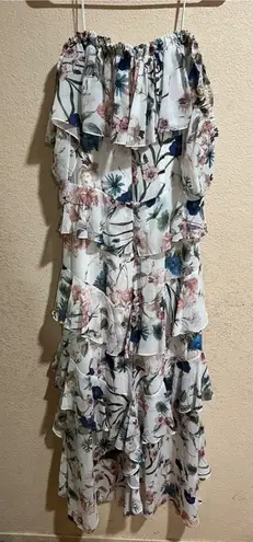 Badgley Mischka White Floral off the shoulder ruffle High Low Maxi Dress