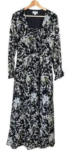 Belle Sky Women's Medium Balloon Sleeve Boho Floral Tie V-Neck Maxi Dress Black