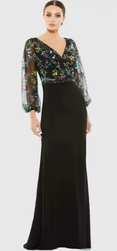 Mac Duggal 79379 Embroidered Illusion Puff Sleeve Column Gown Size 12 Floral