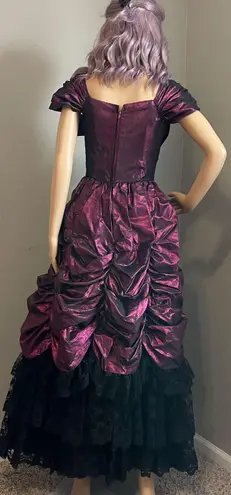 Vintage One of a kind Wine Metallic Prom Dress with Layers of Ruffled Black Lace