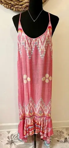 Indah Leyti High-Low Ruffle Hem Sundress Pink Endek Print Size Medium