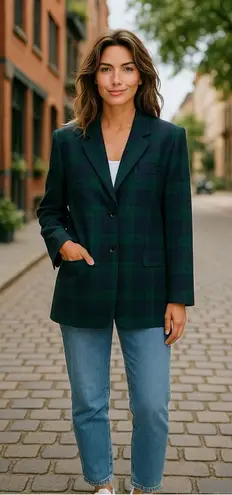 Brooks Brothers Tartan Plaid Green Black Watch Single Breasted Wool Blazer SZ 14