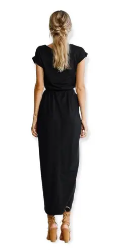 🔃Black Short Sleeve Front Split Midi Dress Black Size XS