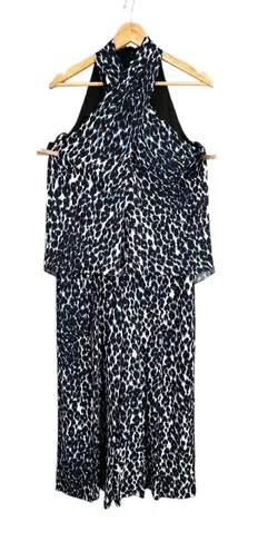 LE GALI Jumpsuit Blue Black Leopard Print Halter Popover Wide Leg Size S New