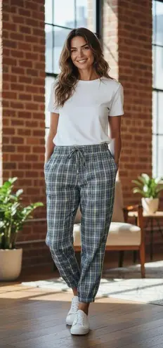 Messhi Womens L Black/White Plaid Checkered Elastic Waist Jogger Pants Stretch Yellow Size L - Image 1