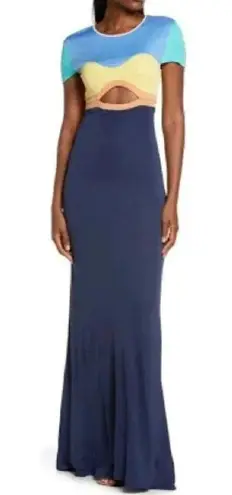 Staud Women's Colorblock Cutout Maxi Dress Blue Yellow Short Sleeve Evening Gown