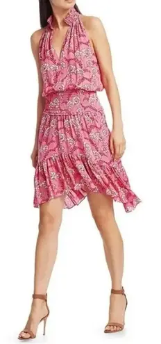 ALC Frank A.L.C 100% Silk Cody Floral Print Asymmetrical Halter Neck Midi Dress Pink 8