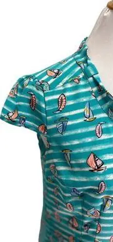 Modcloth  Tie Neck Sailboat Novelty Print Blouse Blue Size S Cap Sleeve Coastal