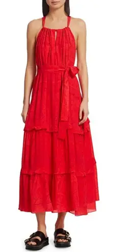Chufy Huancayo Halter Lace Eyelet Maxi Dress Size Medium Large Red