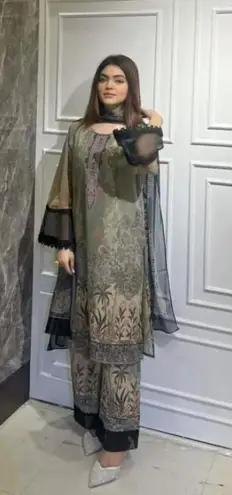 Bollywood design chiffon 3pc kamiz set Indian Pakistani Green Size L