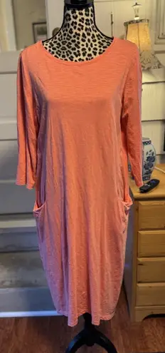LOGO By Lori Goldstein Womens Cotton Slub Dress L Peach Lagenlook Pockets READ