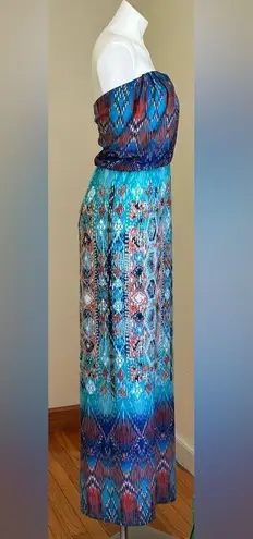 Bisou Bisou Geometric Orange Blues White tribal Colorful Sun Dress Maxi…