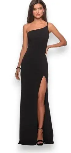 La Femme  Long‎ High Thigh Slit One Shoulder Jersey Black Gown Prom Dress Size 6