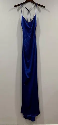 La Femme  29858 Blue Satin Cross Back Gown 6