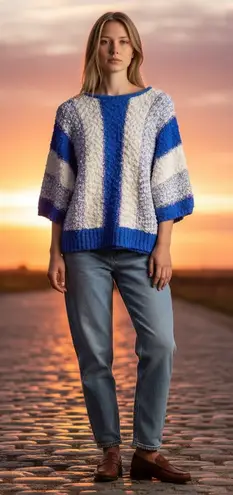 Vintage Acrylic Nubby Bubble Sleeve Sweater Blue White Lilac Large