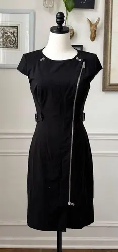 Karen Millen Black Sheath Moto Pencil Dress Silver Offset Zipper Snap $298 8