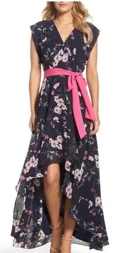 Eliza J Hi-Low Faux Wrap Belted Floral Navy Pink Maxi Dress | 2