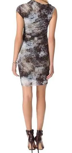 Helmut Lang Draped Neckline Runched Galaxy Print Mini Dress Gray Womens Small