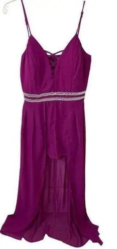 Crystal Doll Raspberry Pink/Purple Strappy Shorts Formal Romper with Train