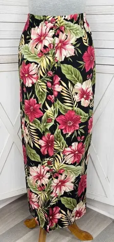 Haggar Vintage Linen Tropical Flower Print Button Front Maxi Skirt Black Pink 8