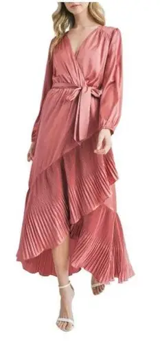 MILA MAE NWT Asymmetric pleated belted long sleeve dress L 12 14 Pink Size L