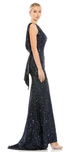 Mac Duggal Midnight Blue Cowl Back Boat Neck Sequined Evening Gown 12 $398 26331
