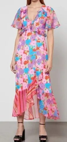 NEVER FULLY DRESSED | Saski Bold Pink Floral Ruffle Hem Midi Dress | Size 6