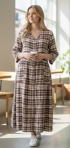 Buffalo Maxi Flannel Plaid Granny Cottage Pearl Snap Electric VTG Dress 18/20 1X Red