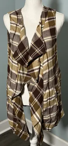 Cato  Brown And Cream Sleeveless Vest, Plaid, Collared, Medium - Image 1