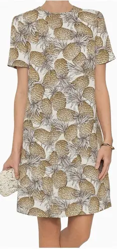 Lyn Devon Audrey Pineapple Print Shift Dress Size 8 | Tropical Vacation Style Tan