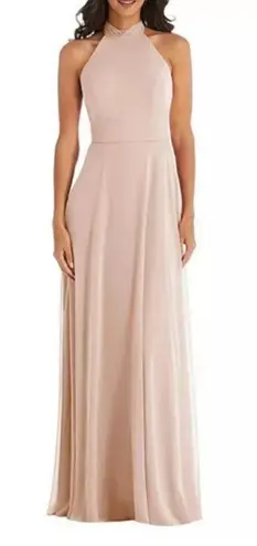 After Six High Neck Halter Backless Maxi Dress Cameo 1545 Size 10R NWT Glam Tan