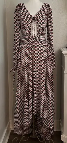 Mulla High Low Ruffle Cut Out Maxi Dress Red Black Geometric Size Medium