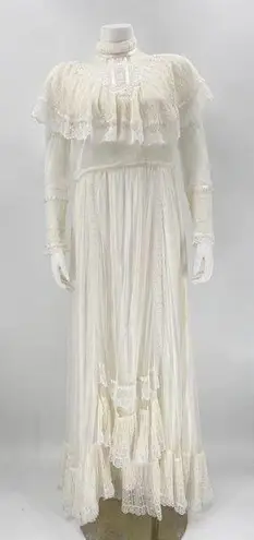 Gunne Sax White Ivory Lace Gown Maxi Bridal High Neck Ruffle Buttons