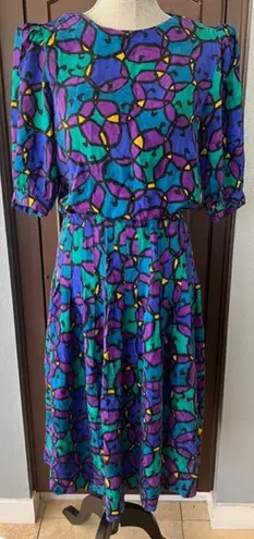 Vintage Lane’s Abstract Multicolor Silk Midi Dress Multiple Size 10